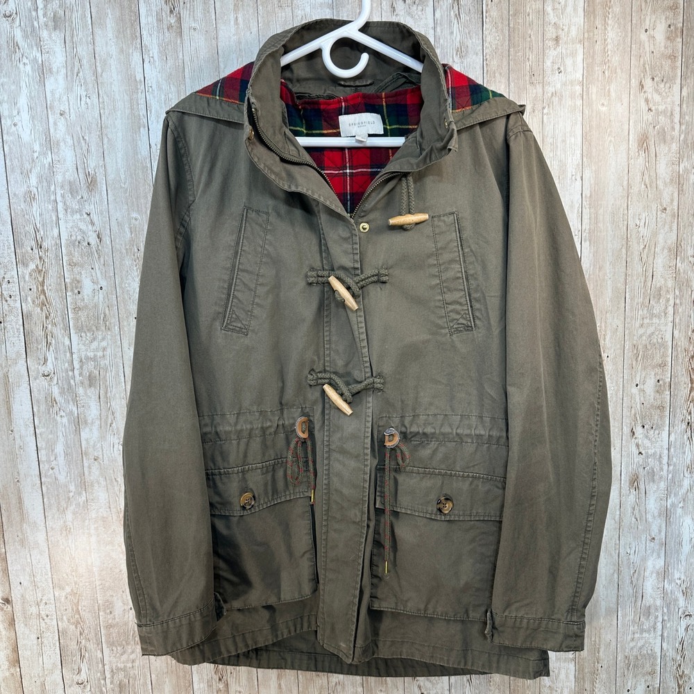 Springfield‎ Womens Khaki Green Utility Jacket Zip Toggle Flannel Hooded Coat 10